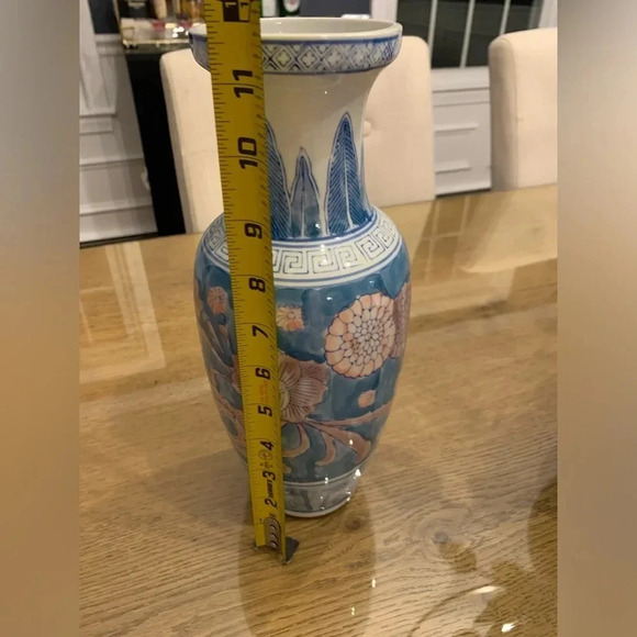Vintage Handpainted Ceramic Blue and Pink 11” Vase - Picture 3 of 3